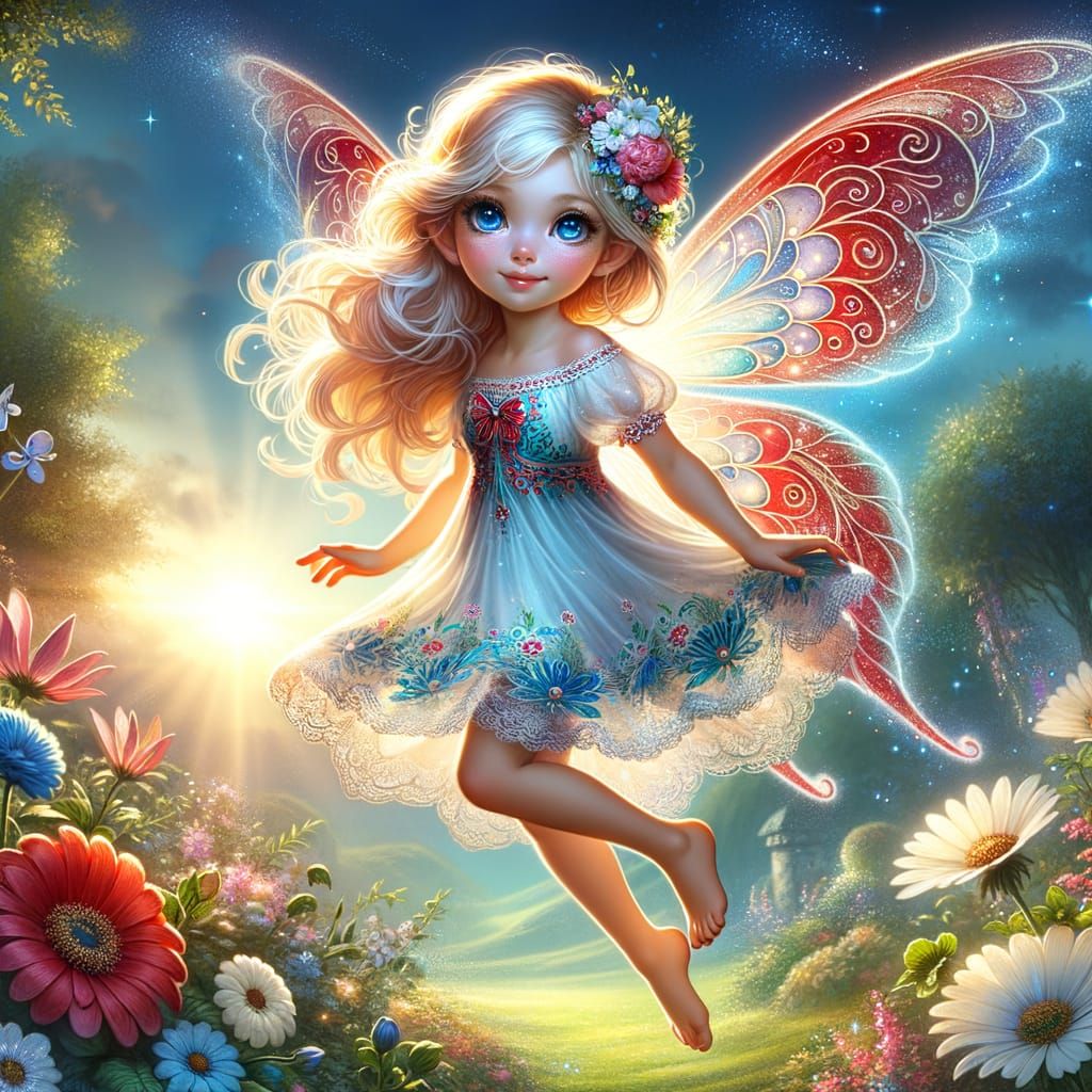 Enchanting Red White Blue Fairy Dancing in Sunset Garden