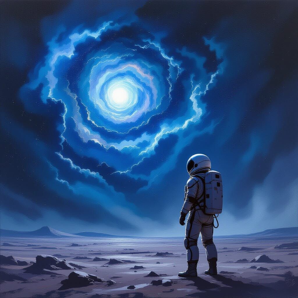 Astronaut Gazes at Nebula on Alien Planet in Gritty Style