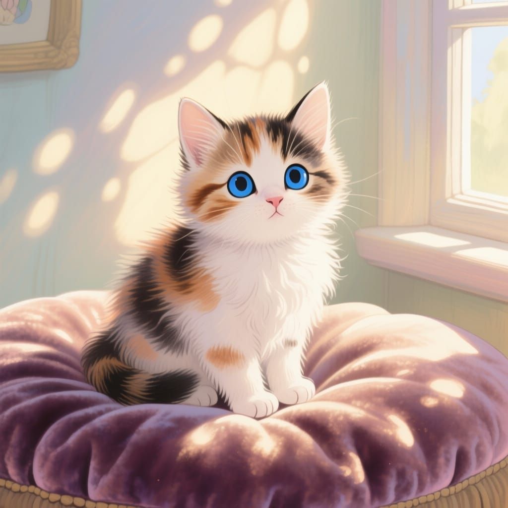 Fluffy Calico Kitten on Velvet Cushion in Storybook Style