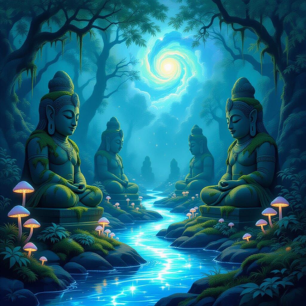 Ethereal Forest With Glowing Mushrooms And Starlight River