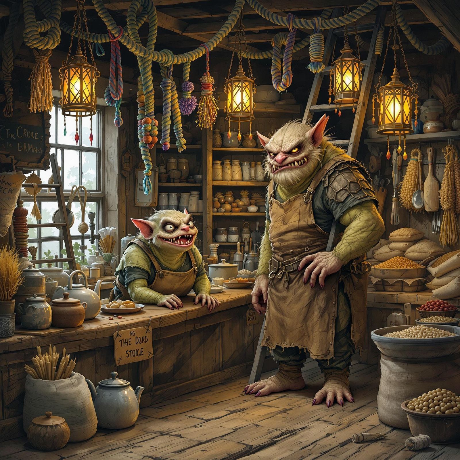 Whimsical Fantasy Store Scene with Kobold Family