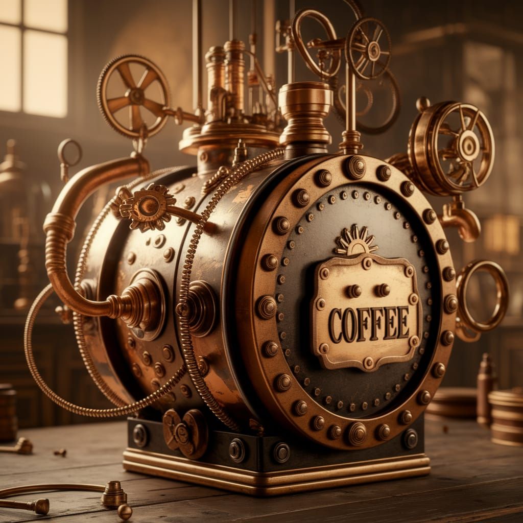 Steampunk Coffee Machine in Warm Golden Light