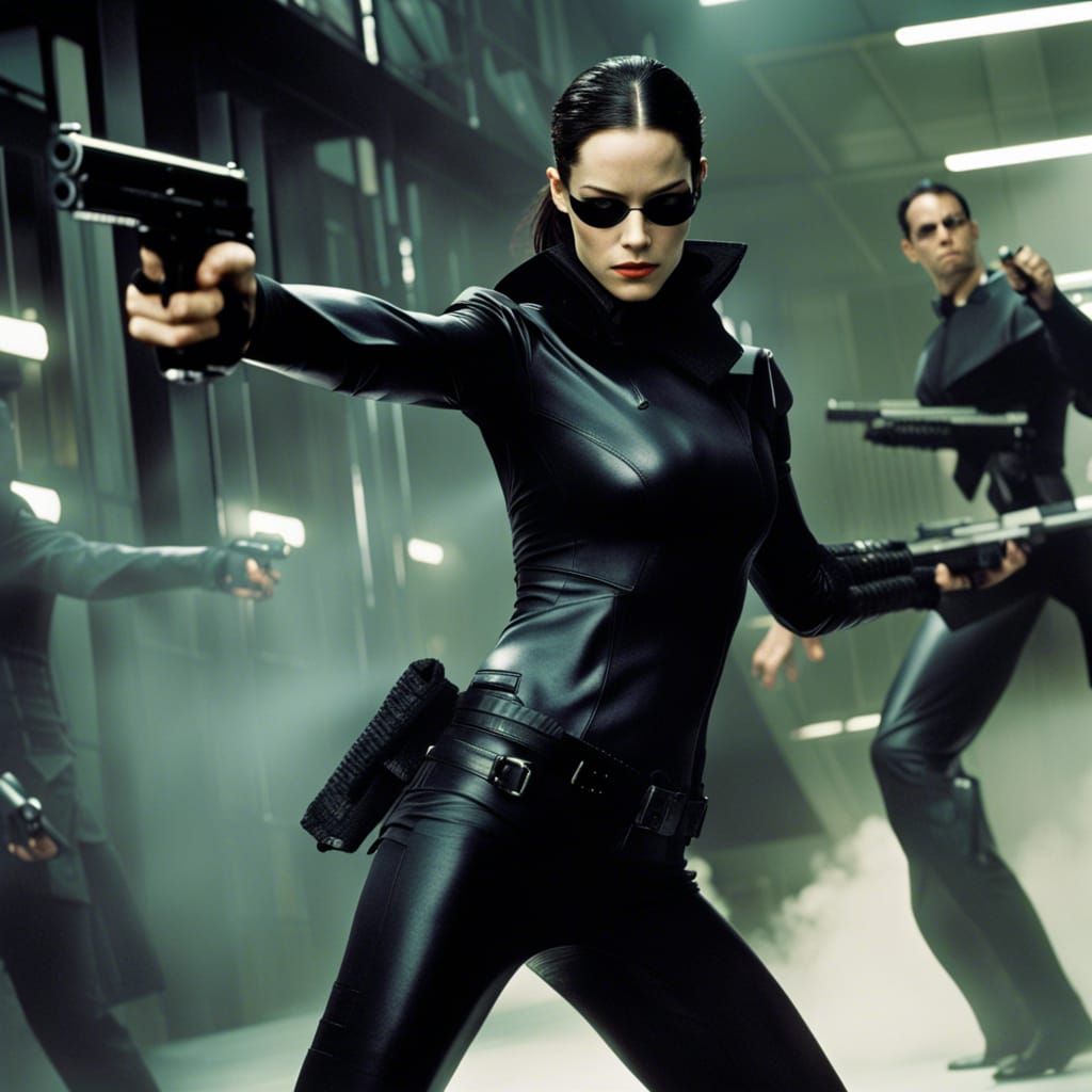 Trinity in Matrix Gunfight Scene