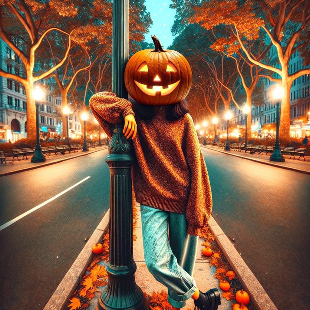 Girl with Pumpkin Head on City Street