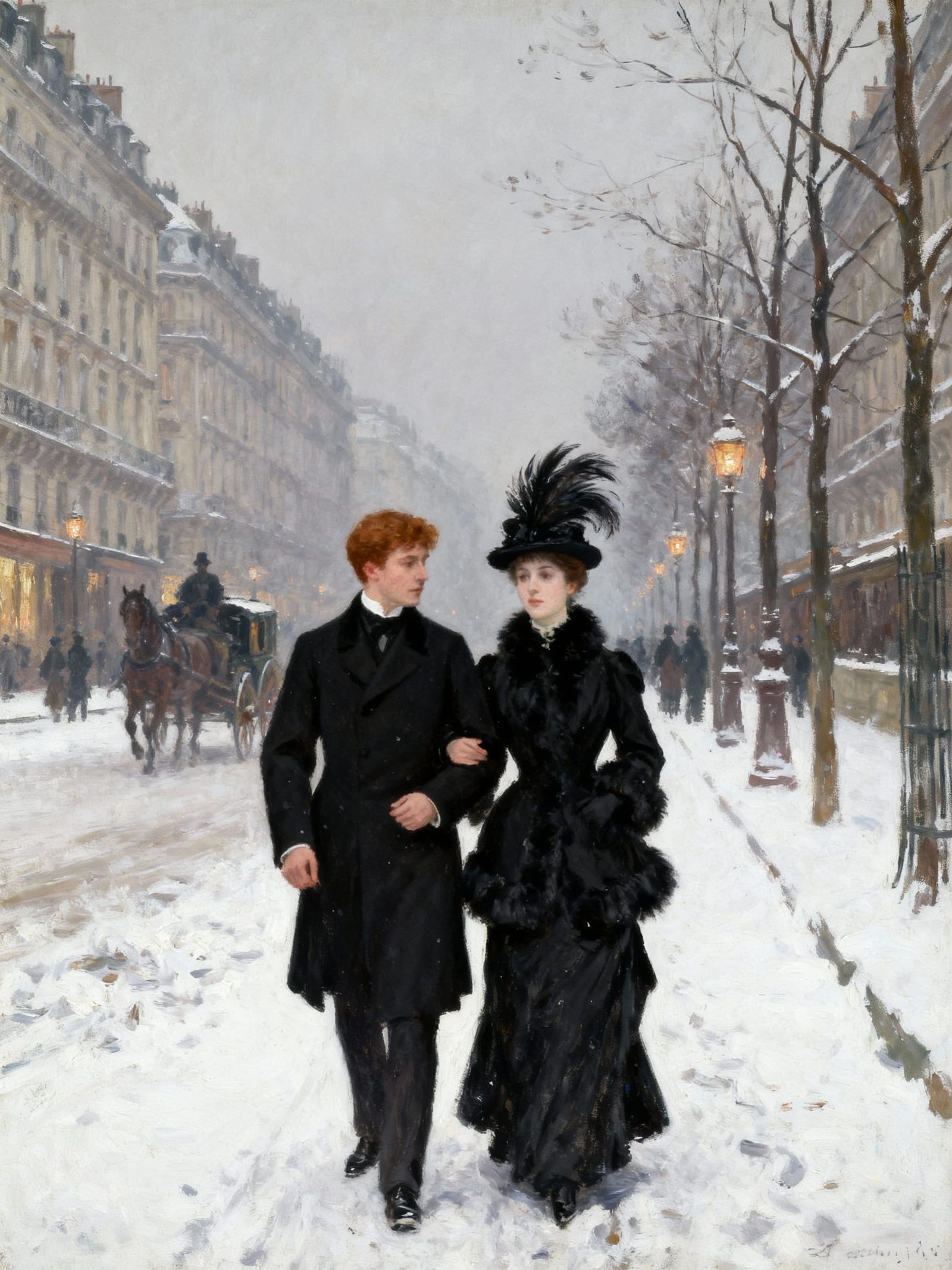 Victorian Couple on Snowy Parisian Boulevard