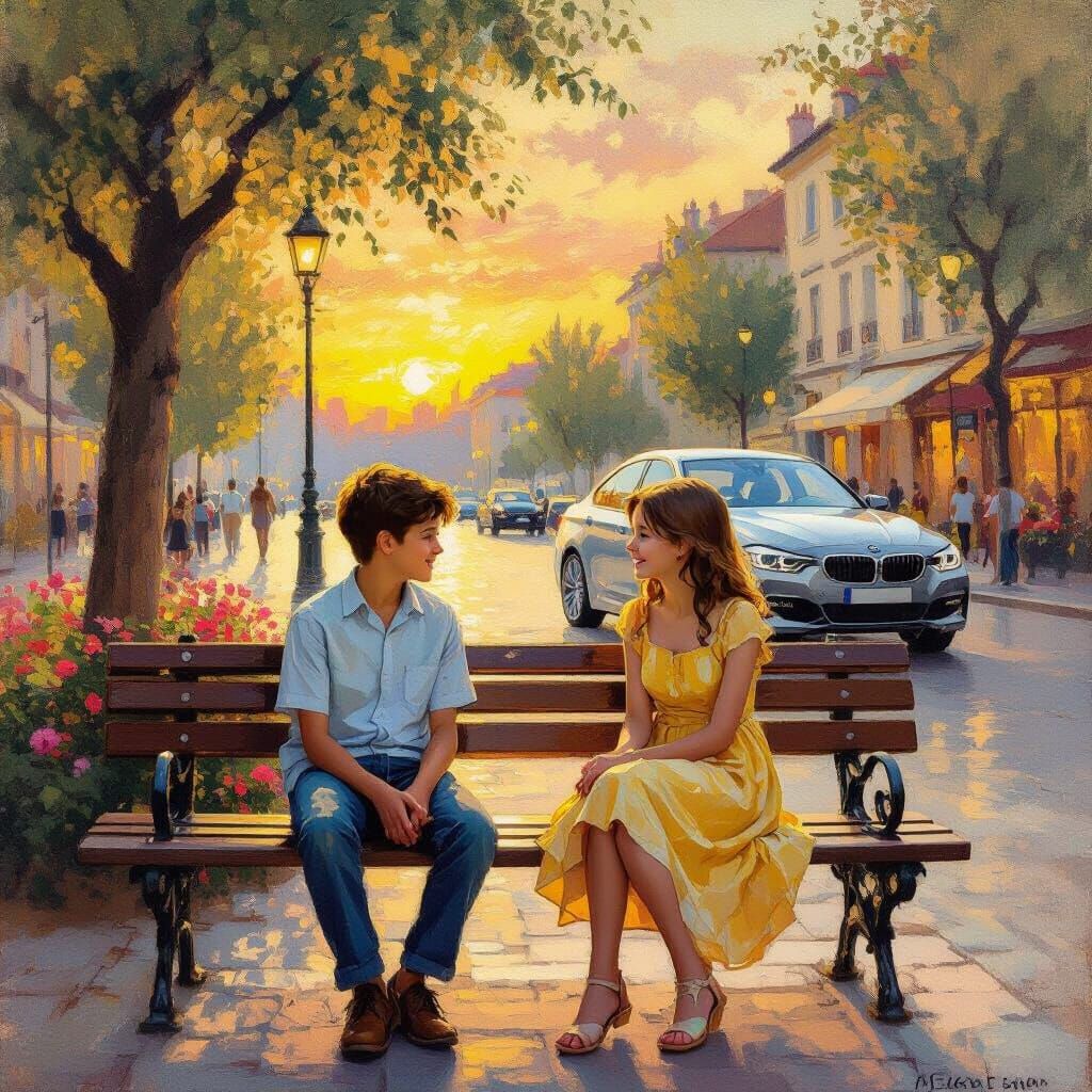 Sunset Conversation: Impressionist Square with Car