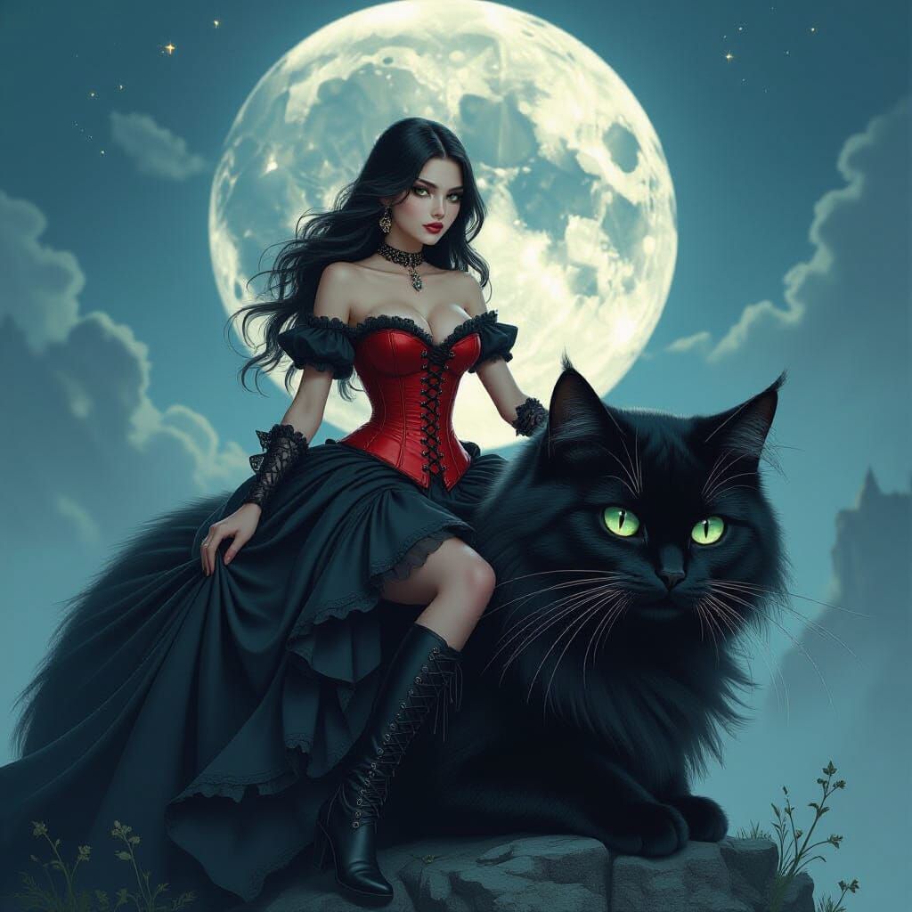 Gothic Girl Rides Giant Cat in Moonlit Fantasy