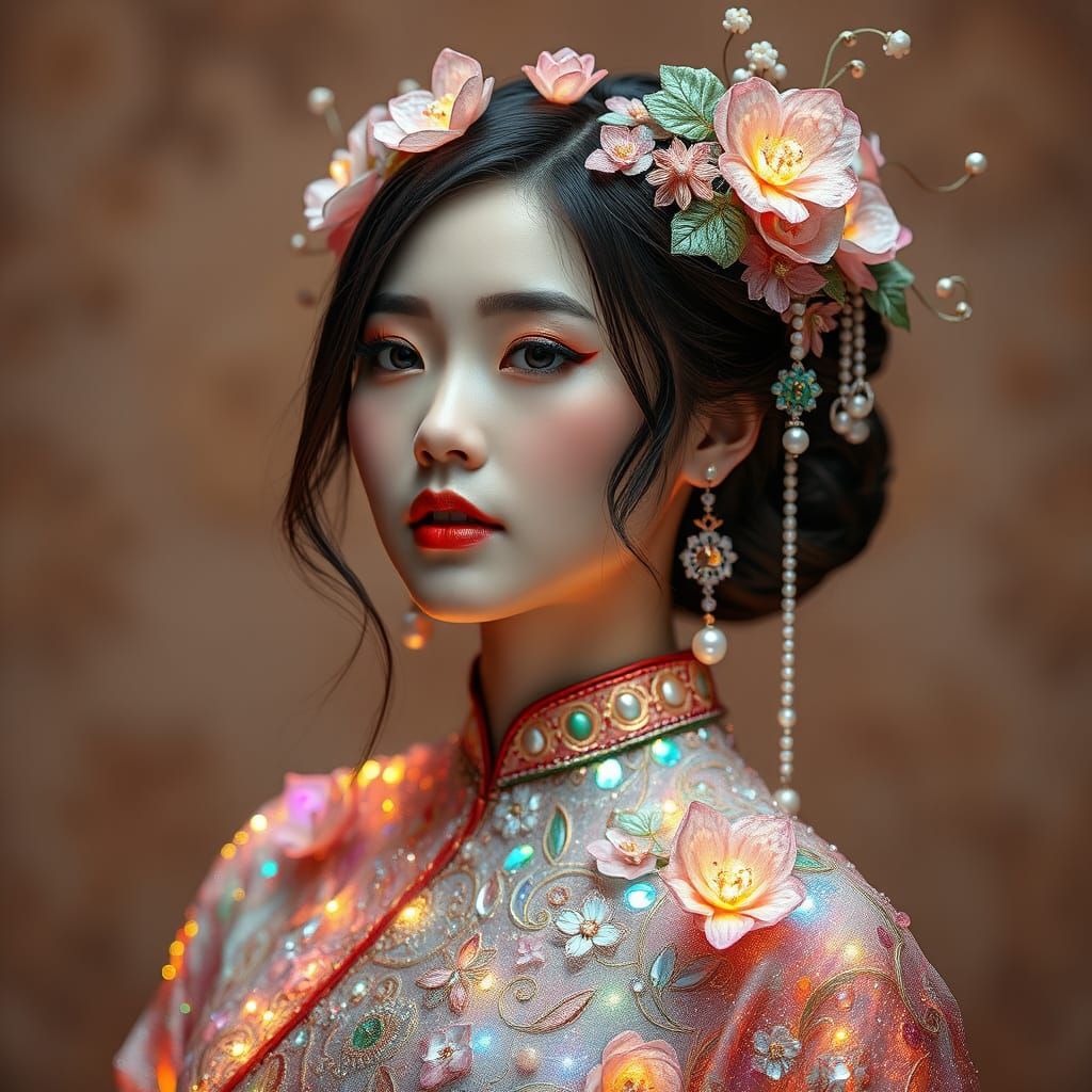 Ethereal Woman in Glass and Flower Chinese Attire