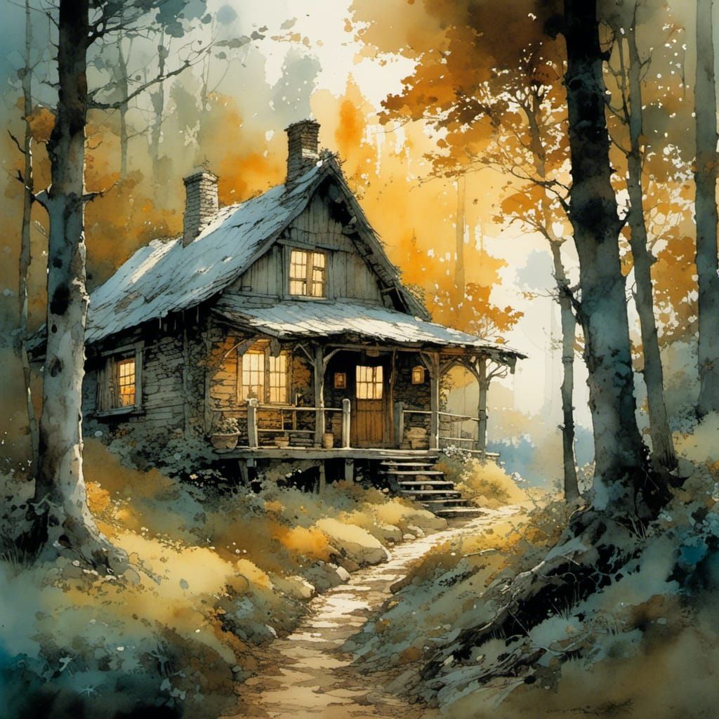 Cozy Cabin in Woods, Watercolor Style