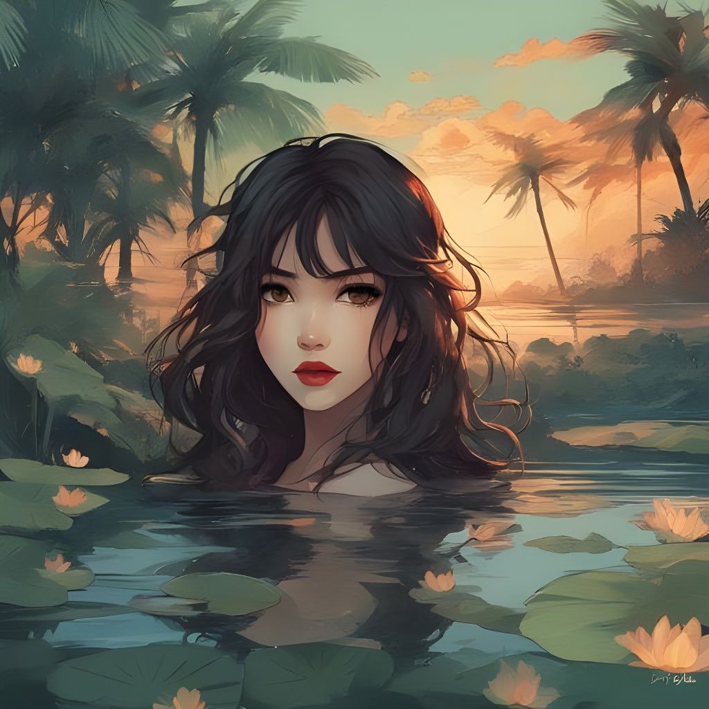 Beautiful Japanese Girl Swimming in Pond at Sunset