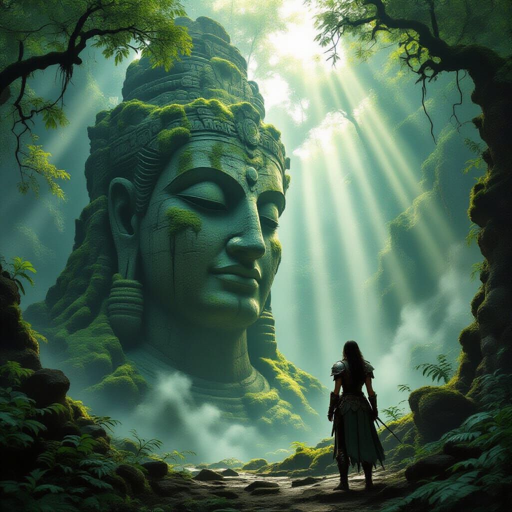 Warrior Before Ancient Statue in Mystical Forest