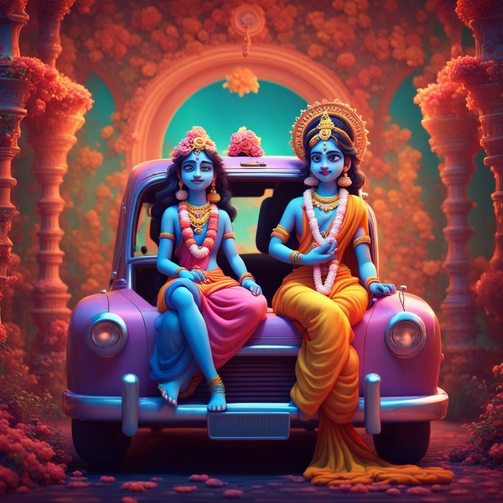 Radha Krishna in Car: 3D Digital Art