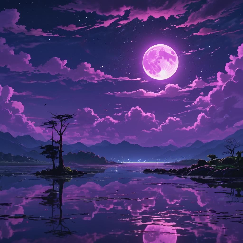 Purple moon in night sky, reflections, high quality 8k, studio gib Studio Ghibli, Anime Key Visual, Deep Color, I...