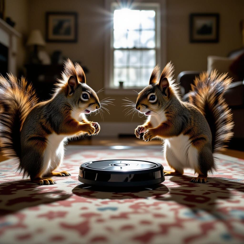 Squirrels Battle Rogue Roomba in Gritty Film Photo