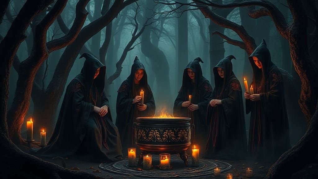 Witches Coven Celebrates Samhain Ritual in Dark Fantasy Styl...