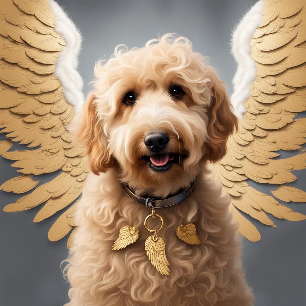Golden Doodle with Angel Wings Flying in Heaven