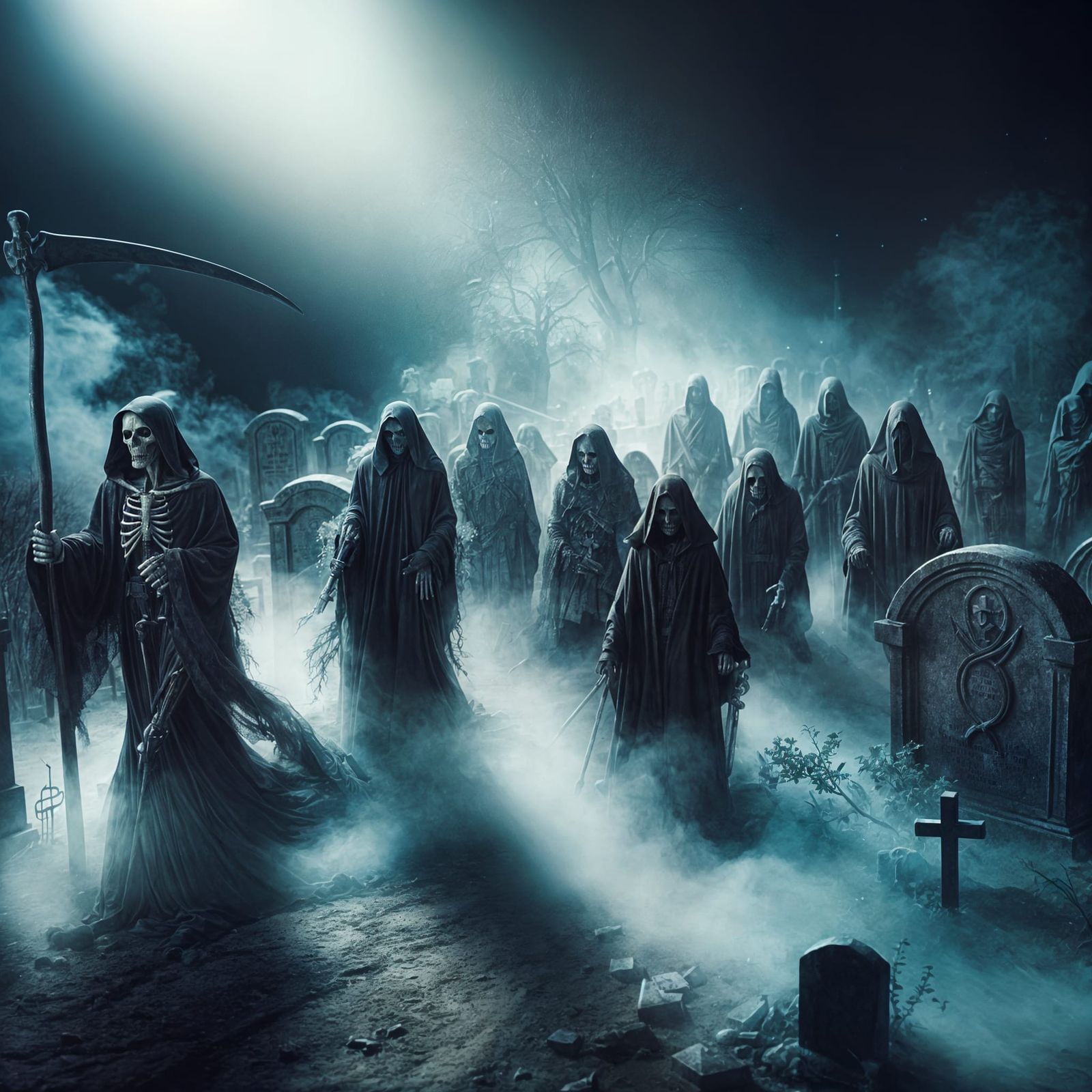 Grim Reaper Guides Souls to Graveyard at Night