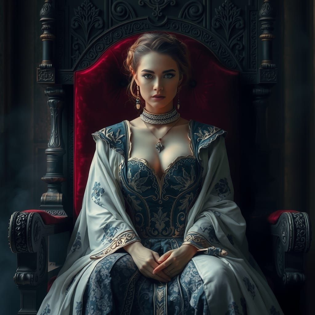 Confident Queen on Throne in Digital Painting Style