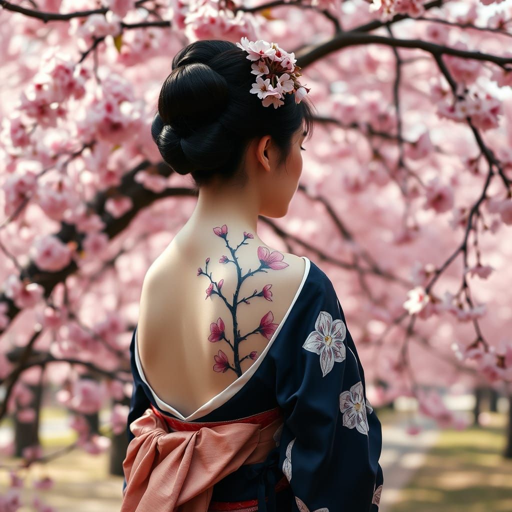 Surreal Cherry Blossom Geisha in Elegant Navy and White Kimo...