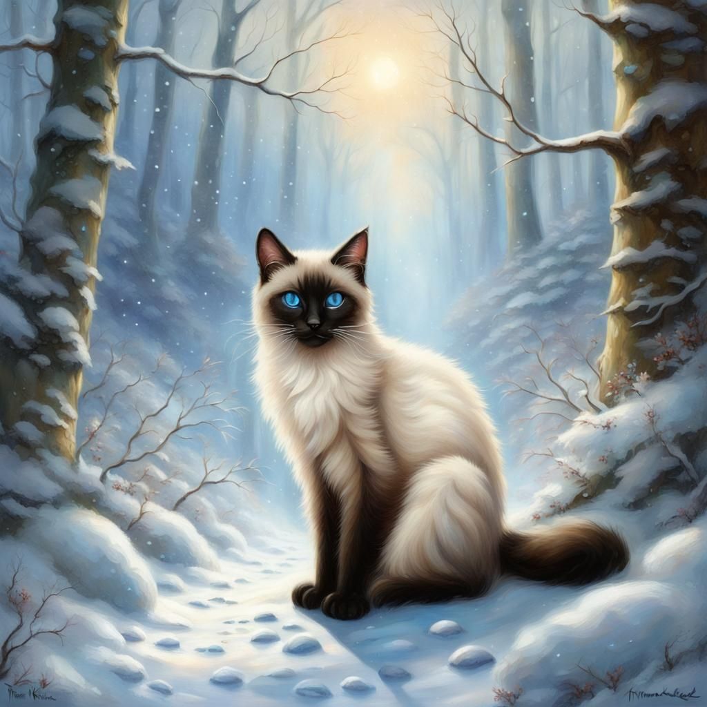 Siamese Cat Walks in Snowy Enchanted Forest