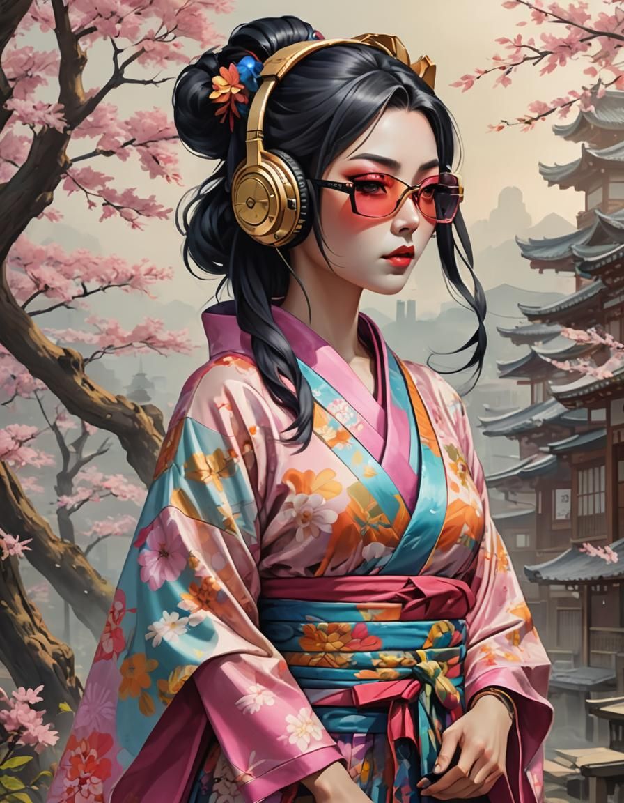 Anime Geisha in Kimono with Cybernetic Glasses