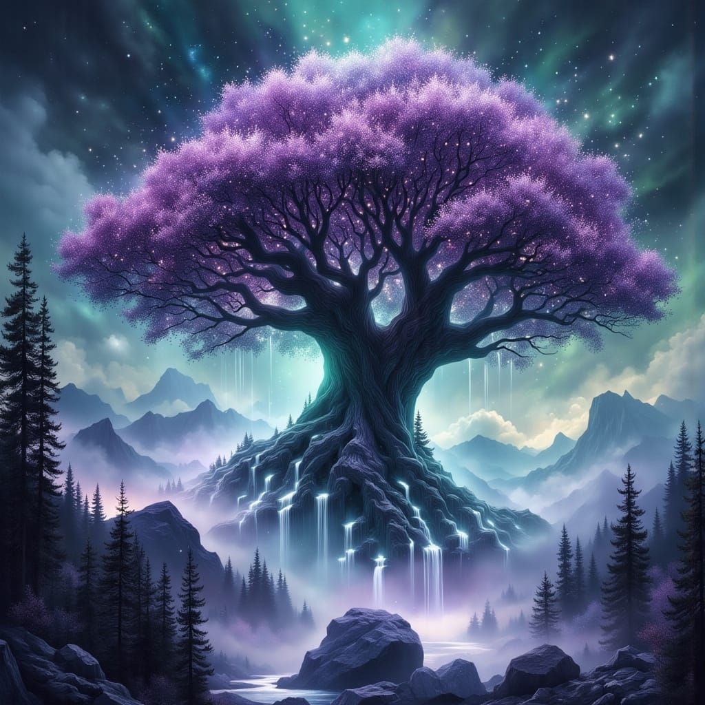 Ancient Tree Floats in Sky with Glowing Roots