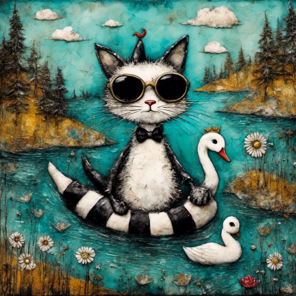 Woolen Cat's Swan Float Trip: Encaustic Collage