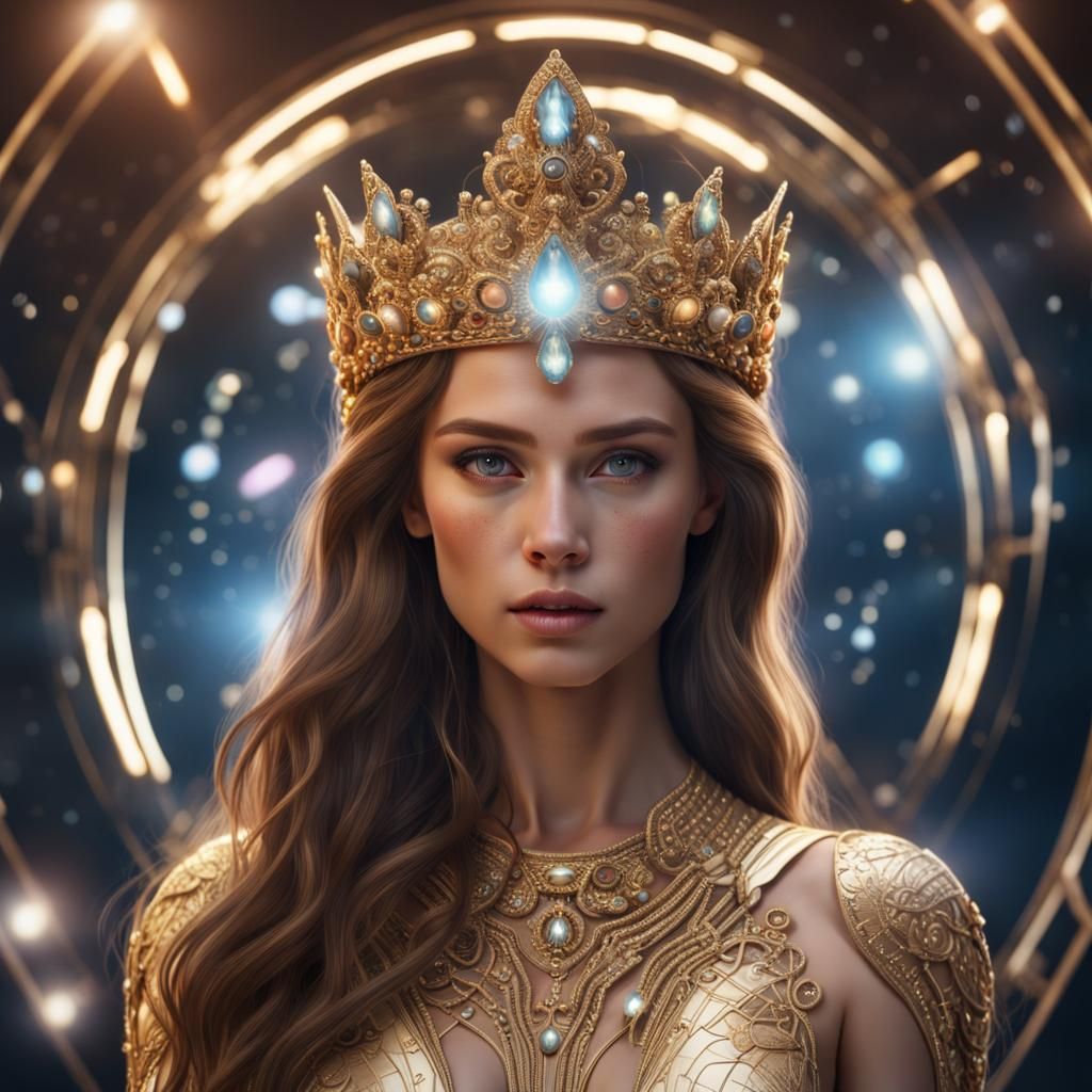 Futuristic hyper-realistic portrait of a Space Princess with matte skin and very light transparent brown eyes/ long brow...