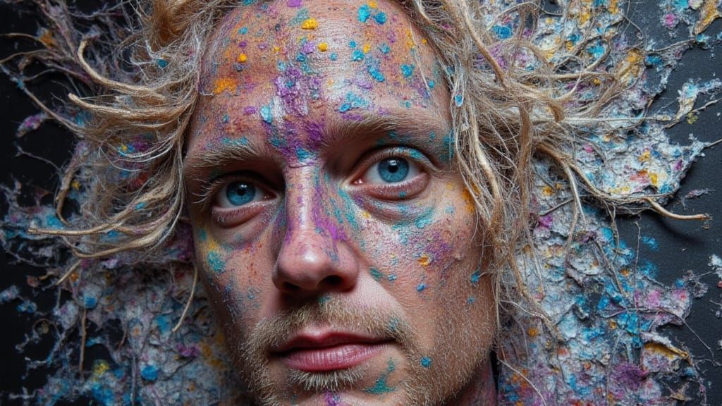 Rainbow Metallic Inkblot Portrait in Impasto Style