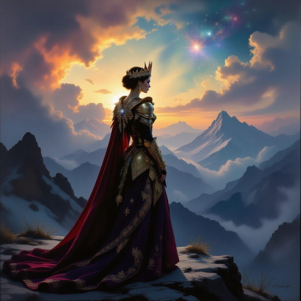 Queen on Mountain Peak Under Starry Sky