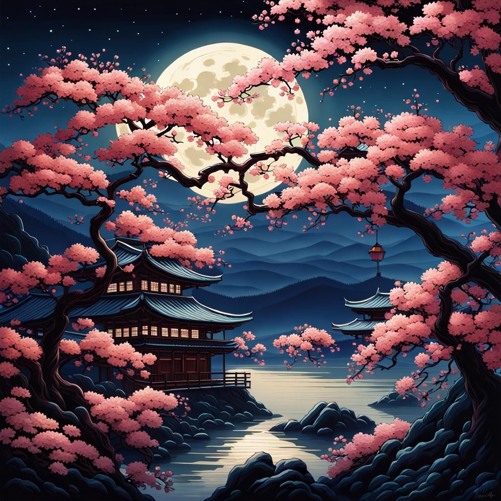 Flowers Under Full Moon in Ukiyo-e Style