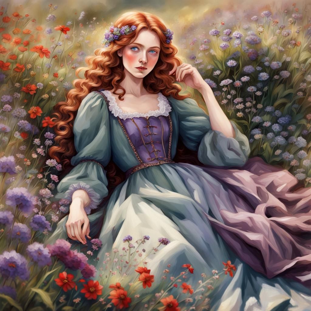 Village Woman in Wildflower Field