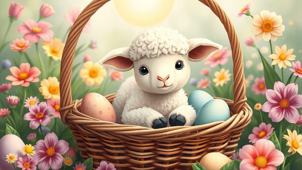 Charming Lamb in Vintage Basket Scene