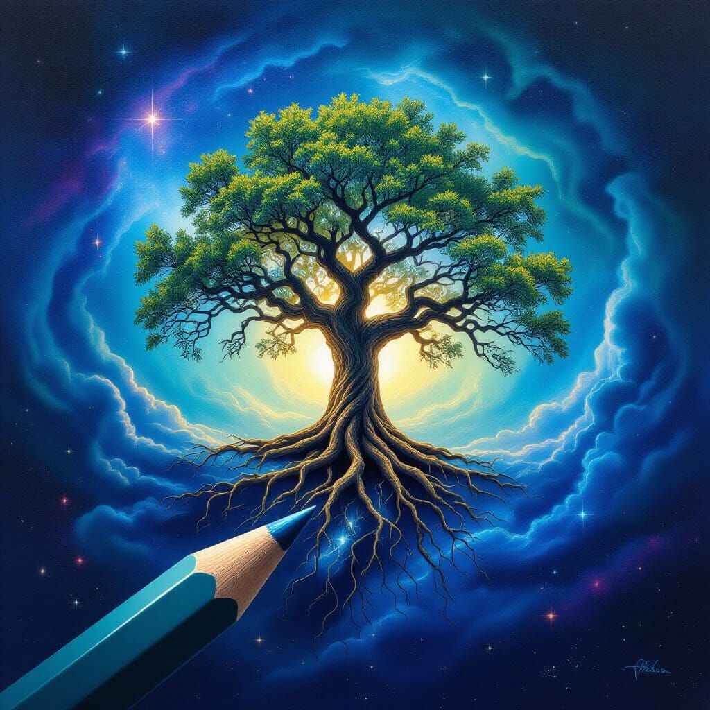 Ancient Oak Tree From Pencil In Cosmic Vortex