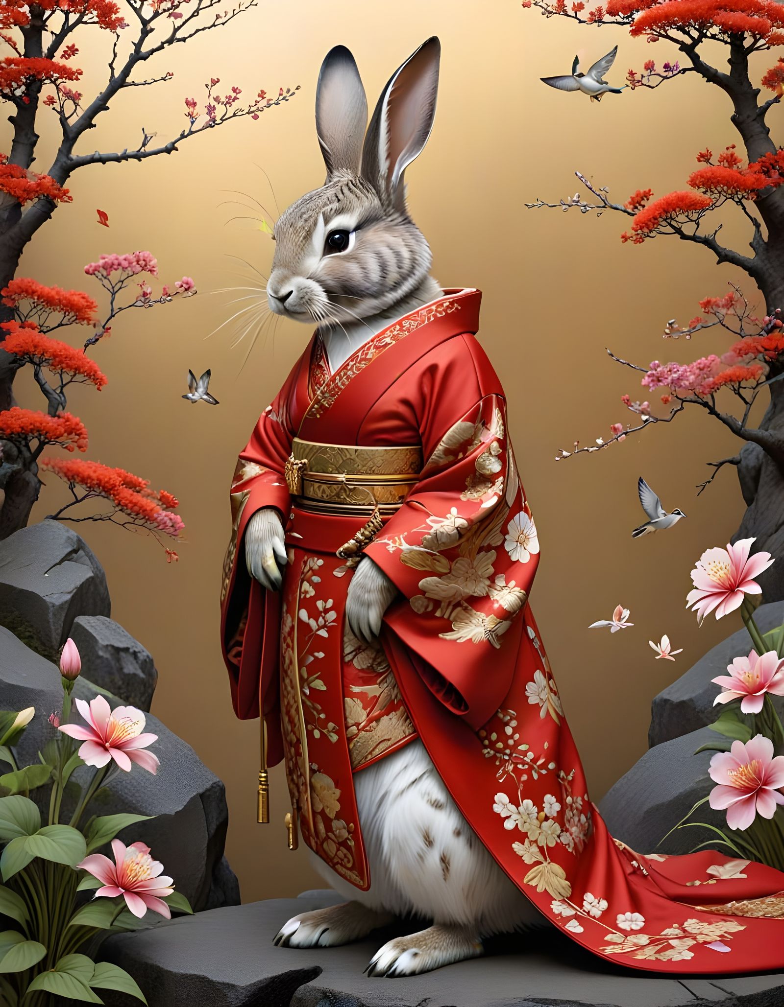 Whimsical Geisha Rabbit in Ornate Red Kimono
