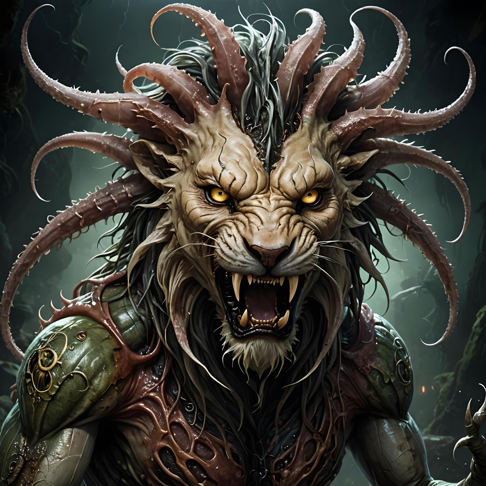 The lion, Is alien-zombie-squid-venom-spider-mutant infected_scratches creepy_horror_face, furrowed brows and menacing e...