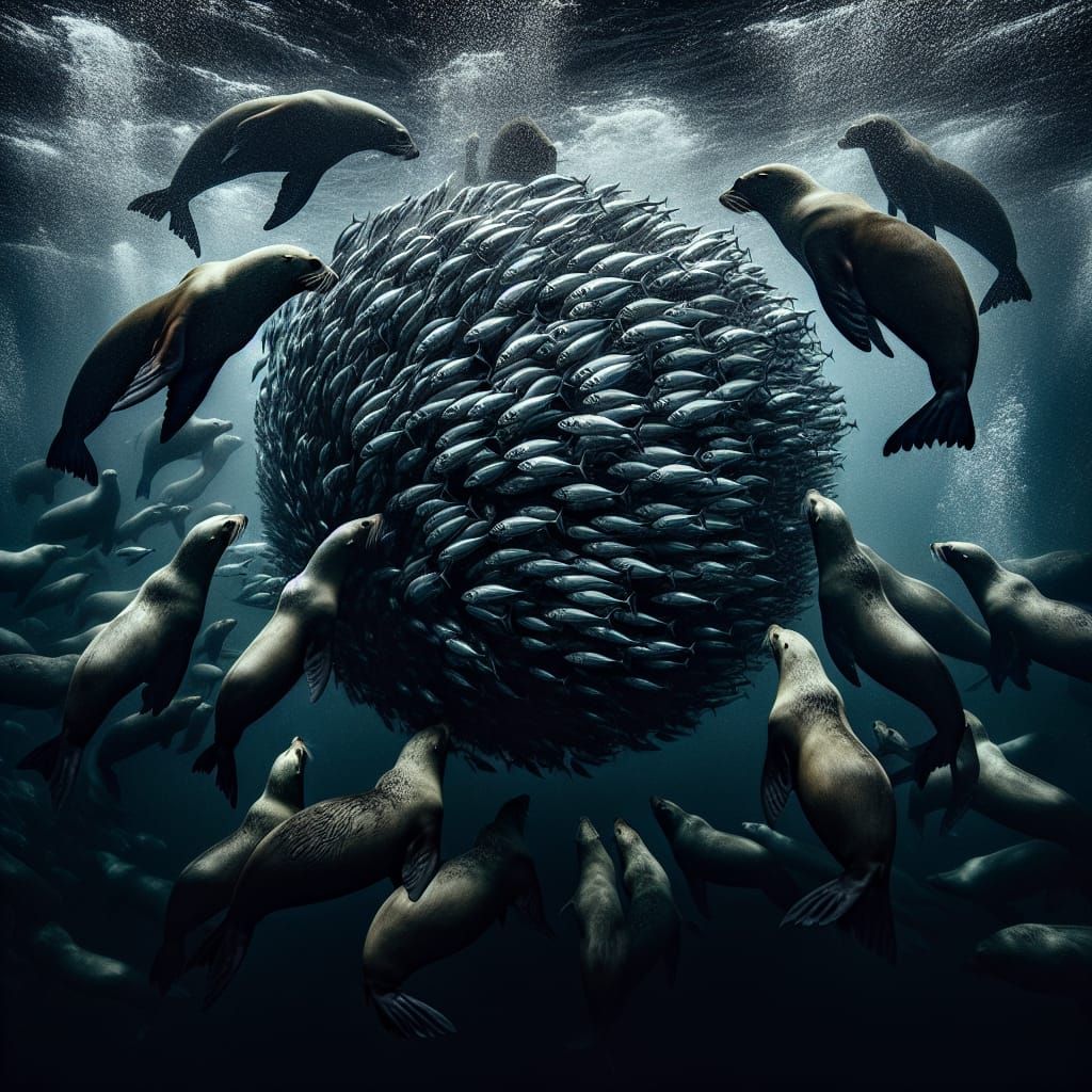 Stellar Sea Lions Hunting Bait Ball in Kamchatka