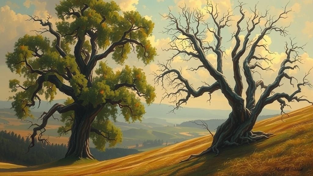 Ancient Tree Beside a Dying Tree in a Golden Landscape