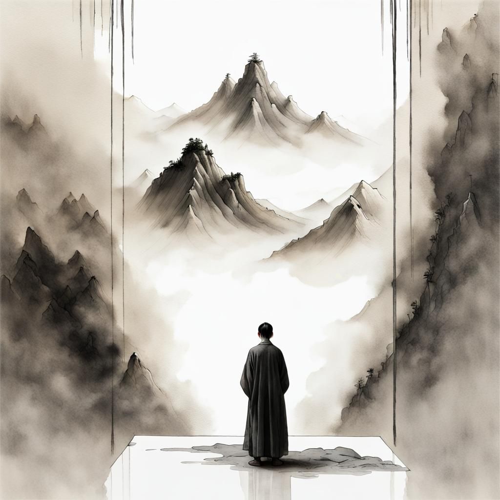 Minimalist Mountain Landscape in Chinese Ink Style