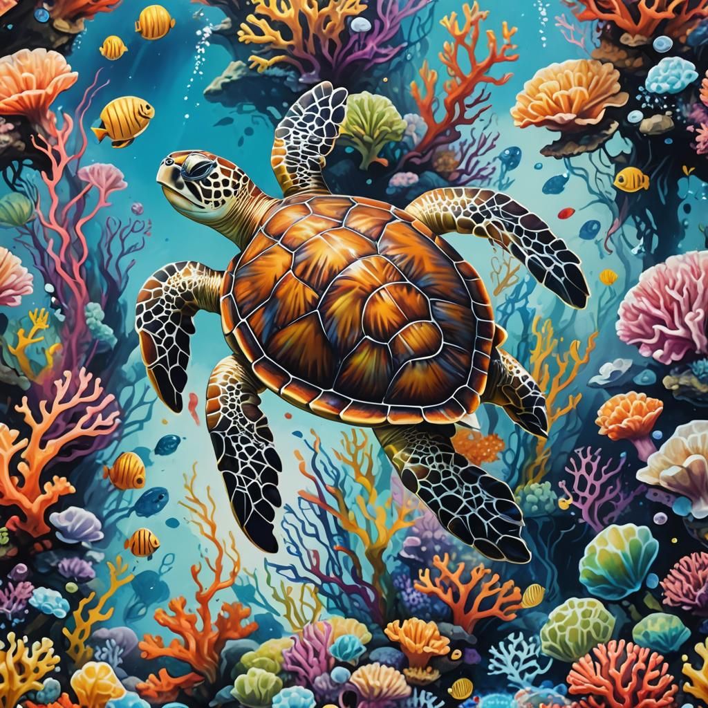 Underwater Sea Turtle Scene in Graffiti Art Style