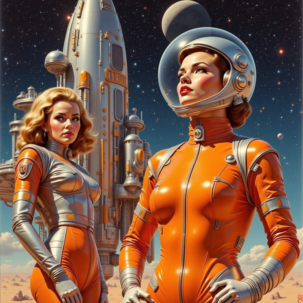 Tom Swift and Girlfriend Aboard Rocket Ship in Vintage Futur...
