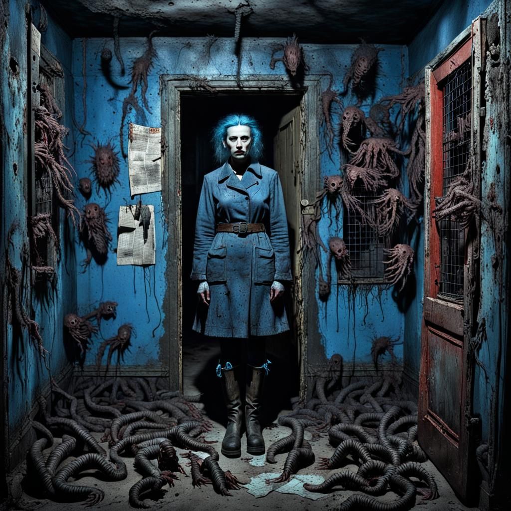 Dark Surrealism: Woman in a Creature-Filled Basement