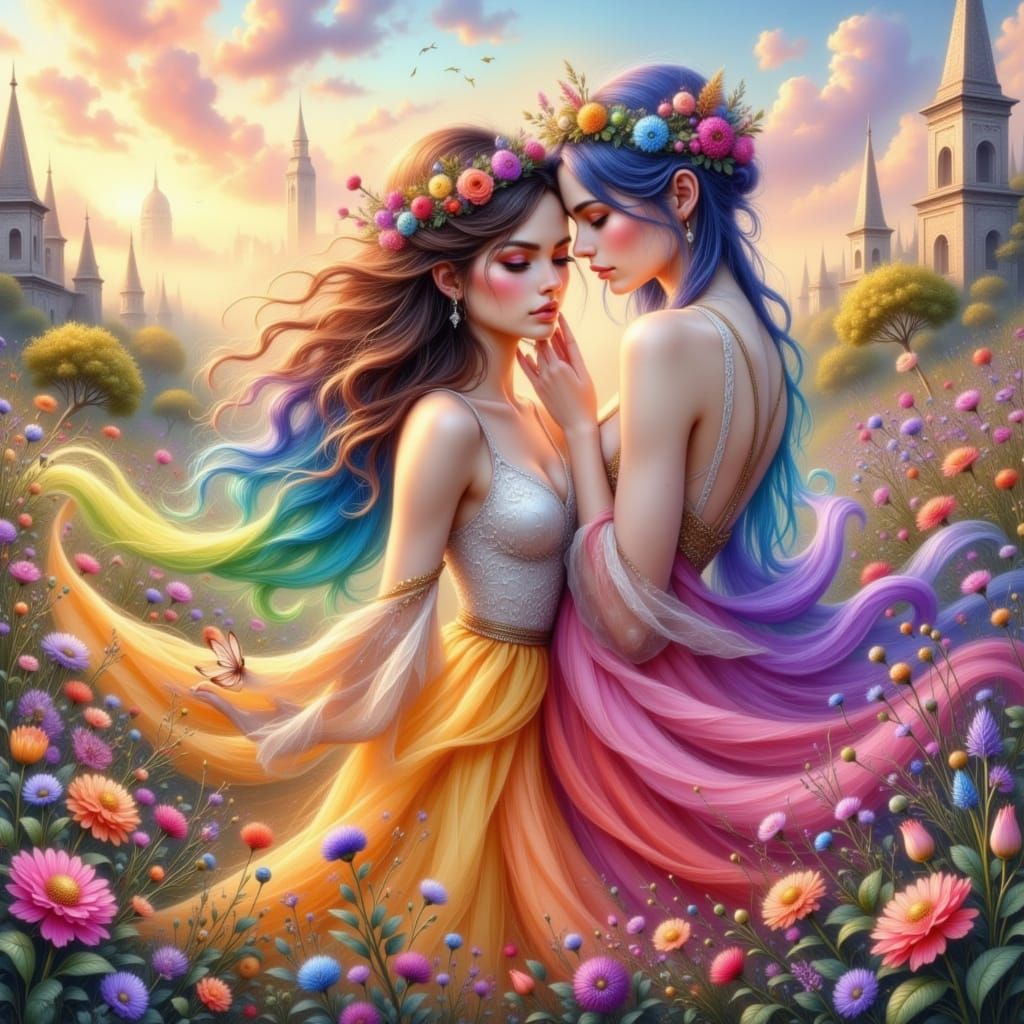 Couple Embraces Under Rainbow Pride Flag