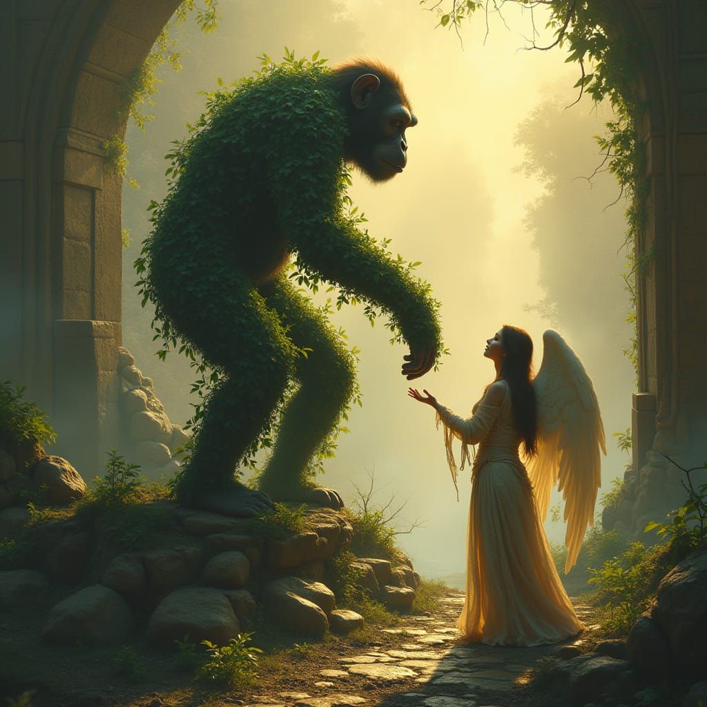 Ape and Fallen Angel Meeting at Ancient Temple