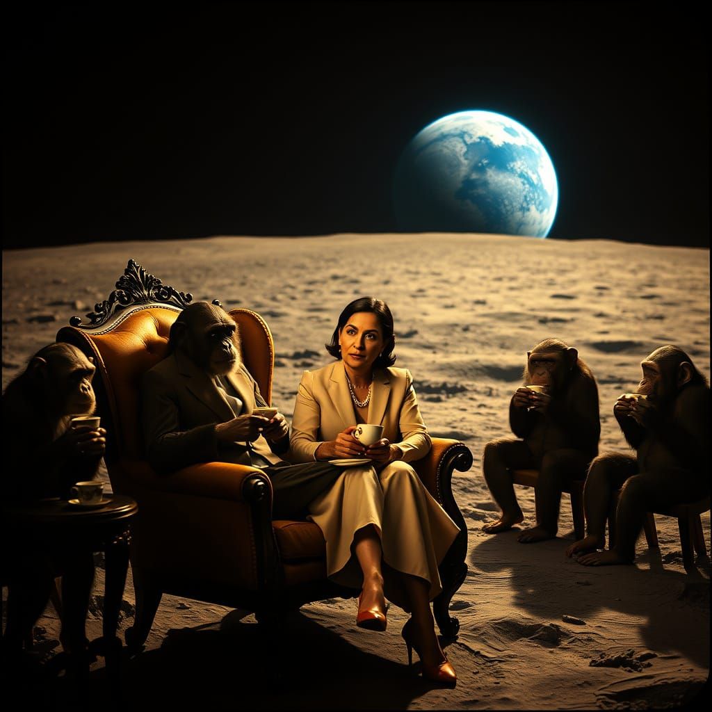 Elegant Lunar Tea Party in the Style of Ridley Scott