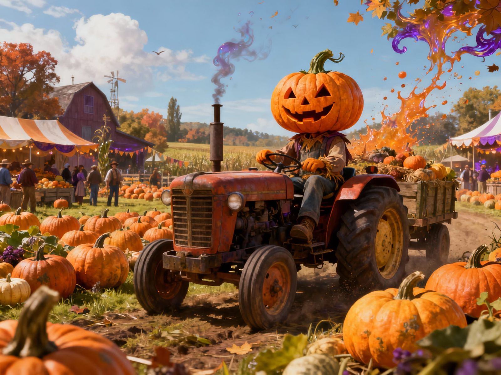 Vibrant Harvest Festival With Jack-o-Lantern On Tractor