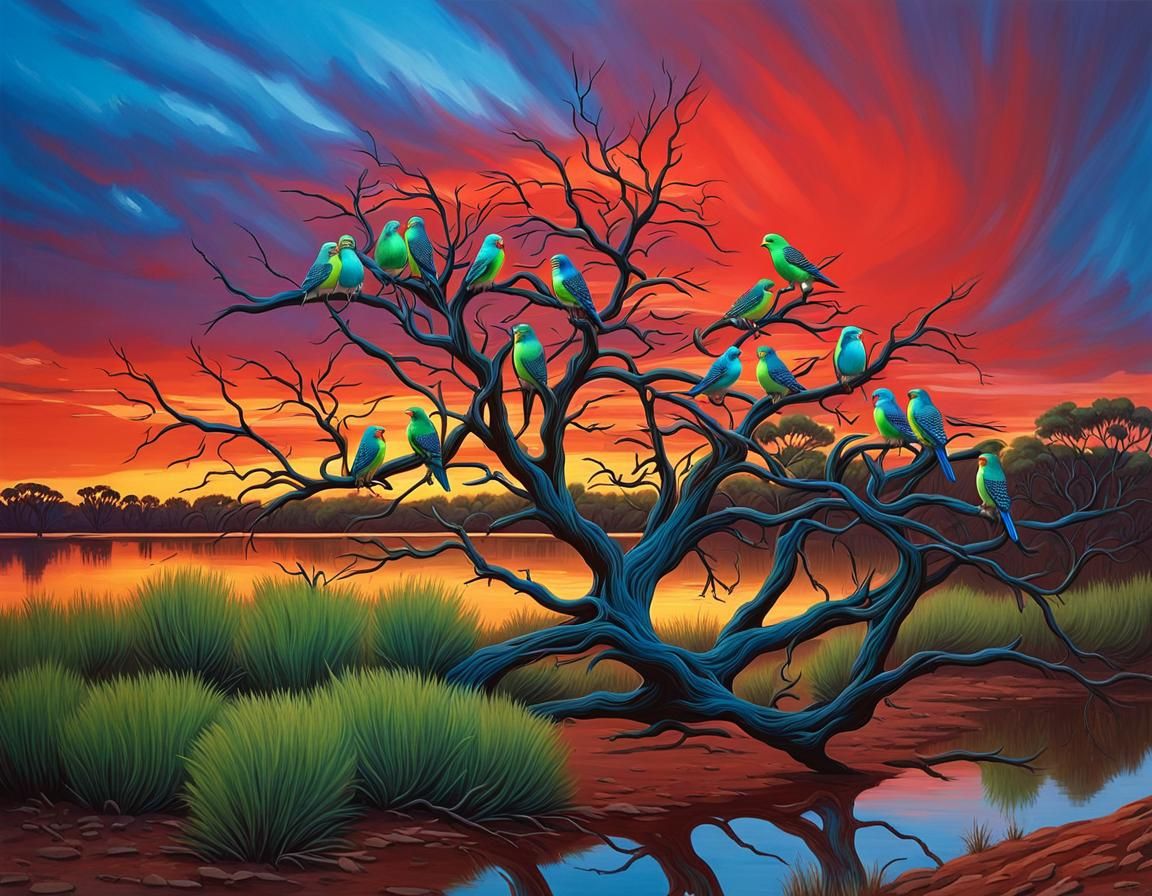 Budgerigars in Outback Sunset: Naive Art Style
