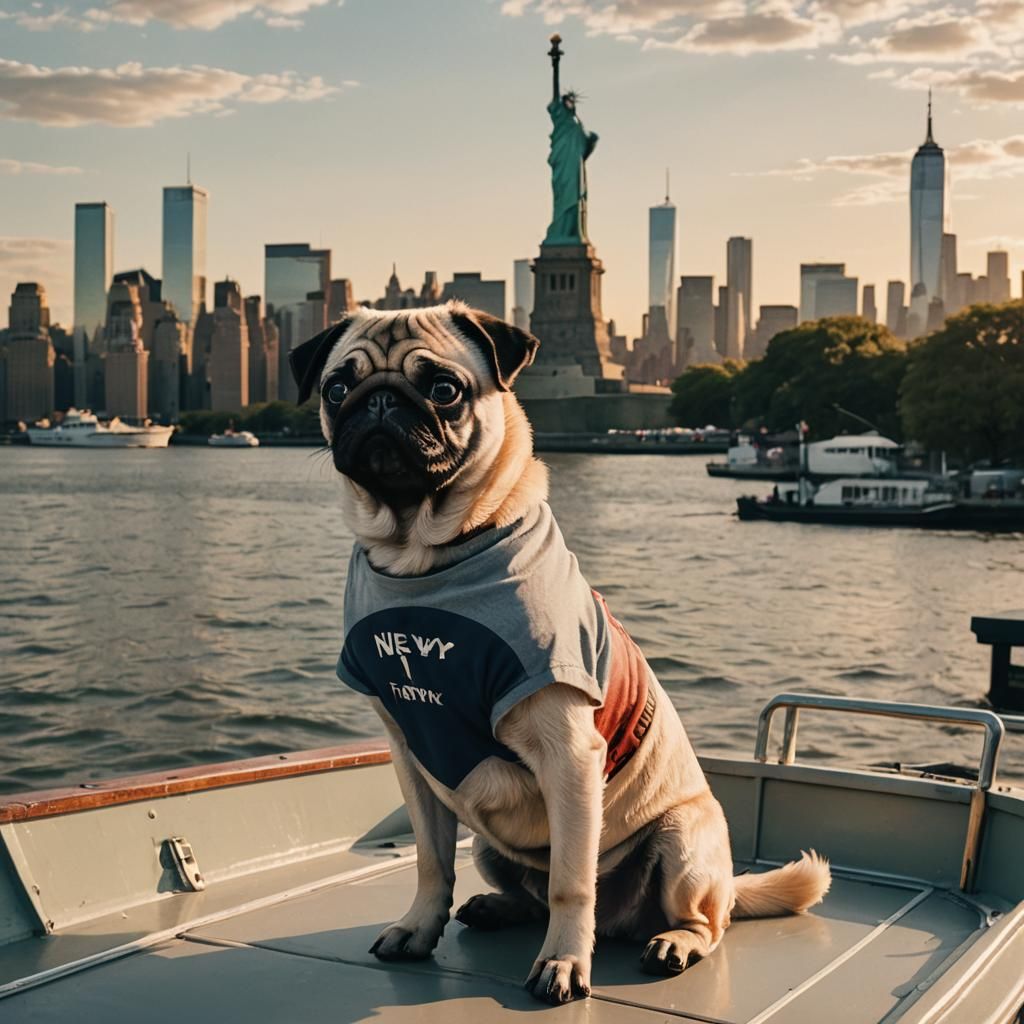 Pug Dog on Boat with NYC Background
