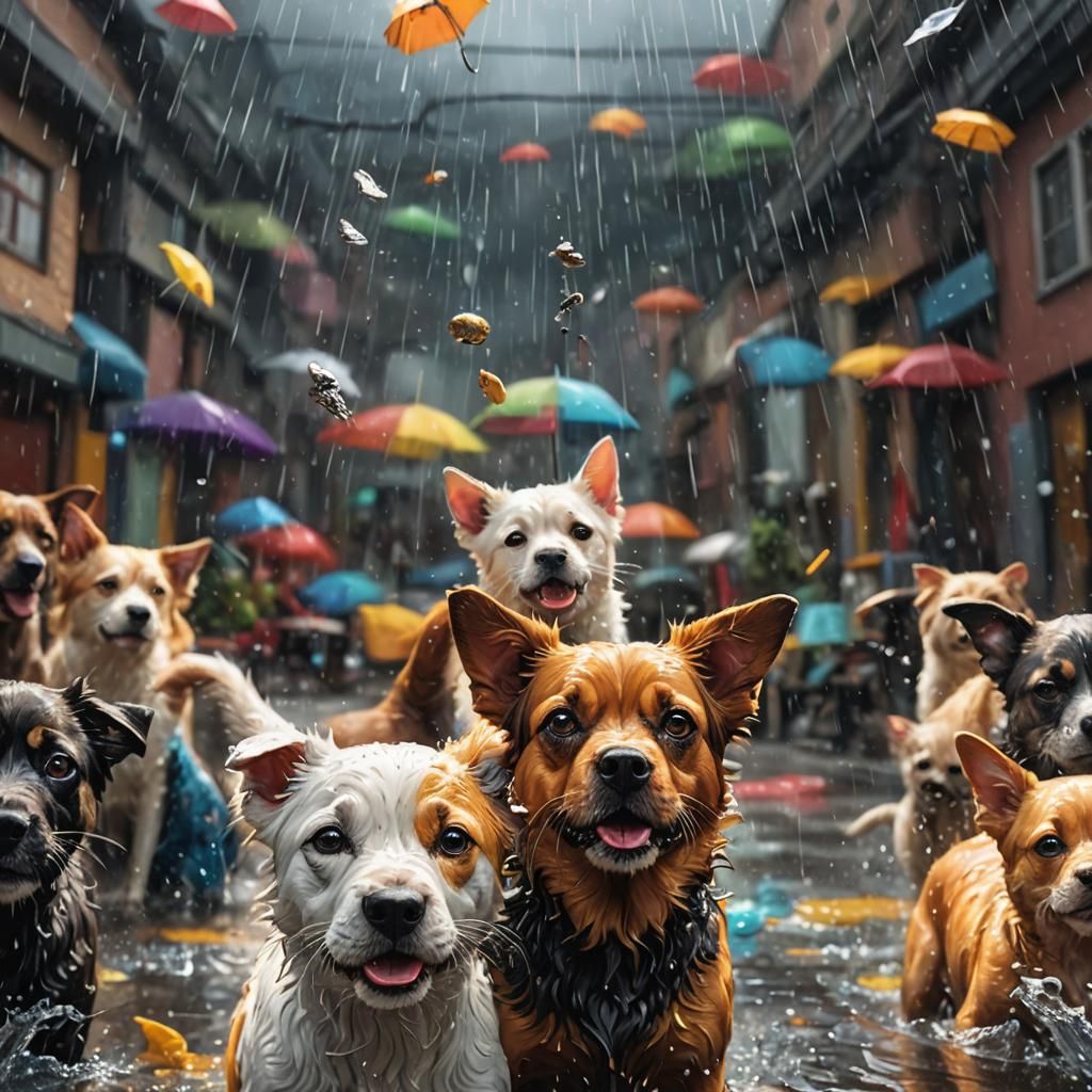 Hyperrealistic Cats and Dogs Rainstorm in Splash Art