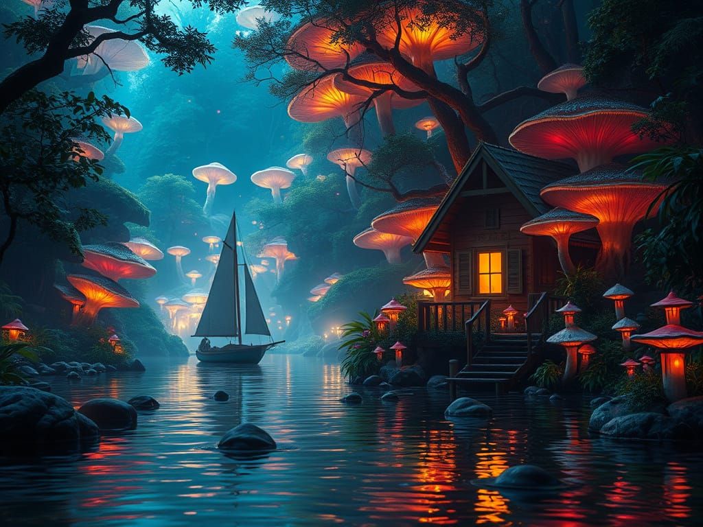 Cinematic Cabin Amidst Bioluminescent Fungi Jungle